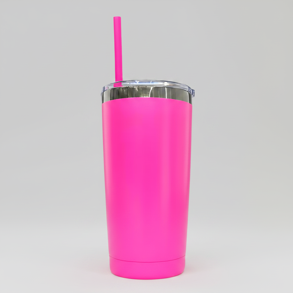 Custom Laser-Engraved 20 oz Mirror Black Plated Tumbler – Hot Pink