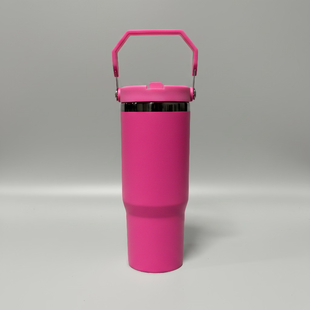 Custom Laser-Engraved 30 oz Black Plated Flip Tumbler – Hot Pink