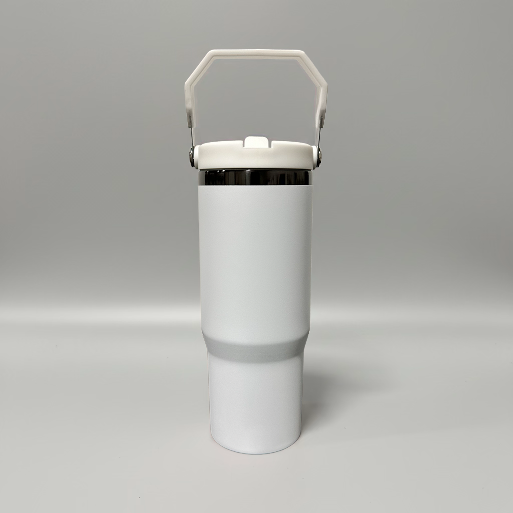 Custom Laser-Engraved 30 oz Black Plated Flip Tumbler – White
