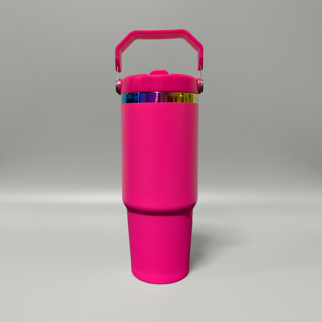 Custom Laser-Engraved 30 oz Rainbow Plated Flip Tumbler – Hot Pink