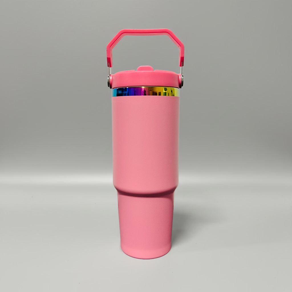 Custom Laser-Engraved 30 oz Rainbow Plated Flip Tumbler – Pink