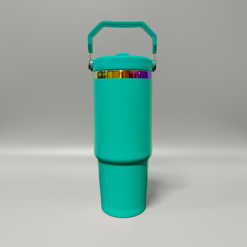 Custom Laser-Engraved 30 oz Rainbow Plated Flip Tumbler – Turquoise