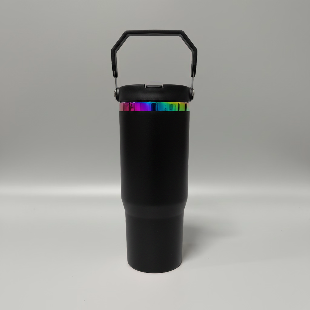 Custom Laser-Engraved 30 oz Rainbow Plated Flip Tumbler – Black