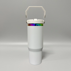 Custom Laser-Engraved 30 oz Rainbow Plated Flip Tumbler – White