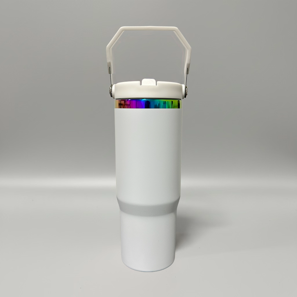 Custom Laser-Engraved 30 oz Rainbow Plated Flip Tumbler – White
