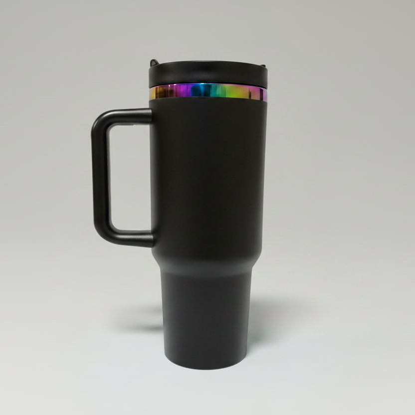 Custom Laser-Engraved 40 oz Rainbow Plated Tumbler – Black