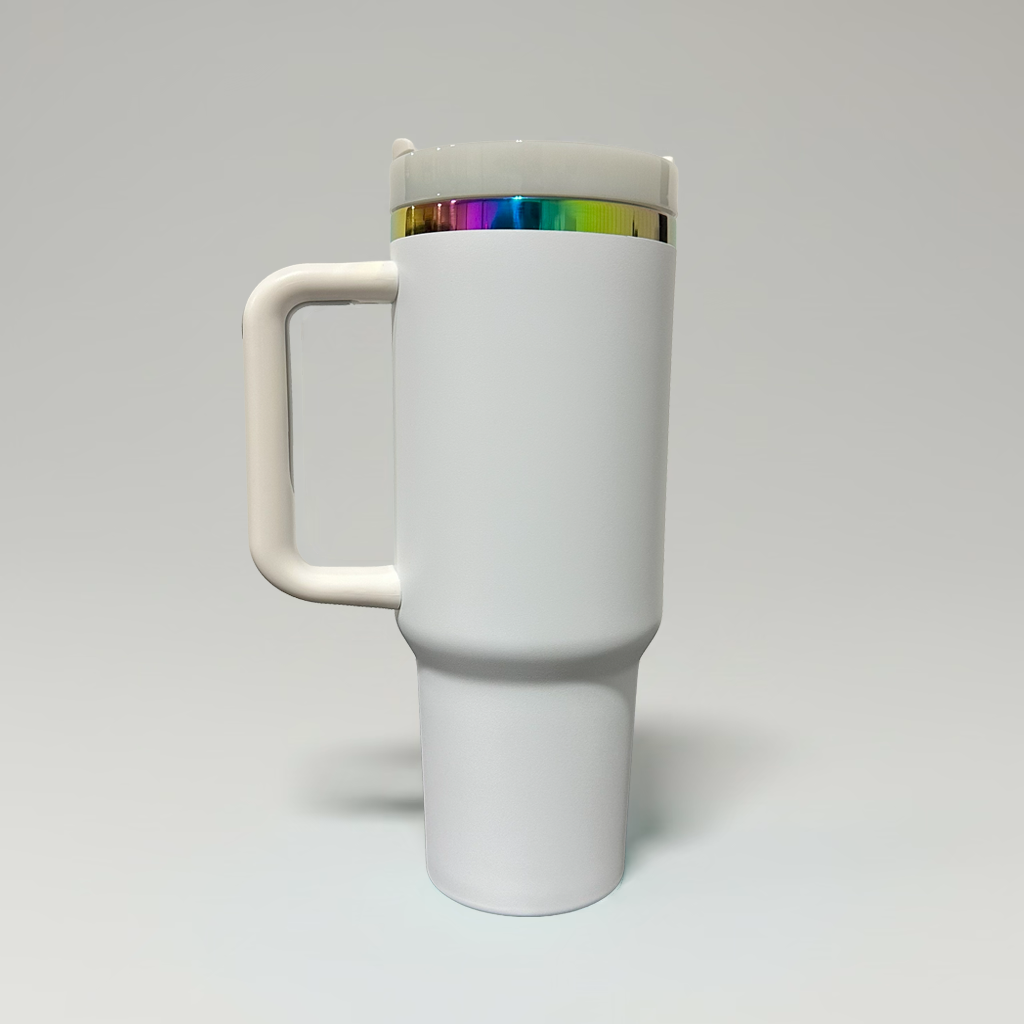 Custom Laser-Engraved 40 oz Rainbow Plated Tumbler – White